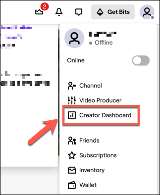 Clique no ícone da conta no canto superior direito do site Twitch e, em seguida, clique na opção "Painel do Criador".