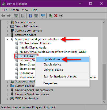 Driver de áudio de atualização do Windows 10