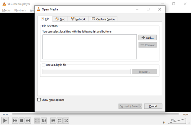 O menu de conversão de formato de arquivo VLC no Windows 10