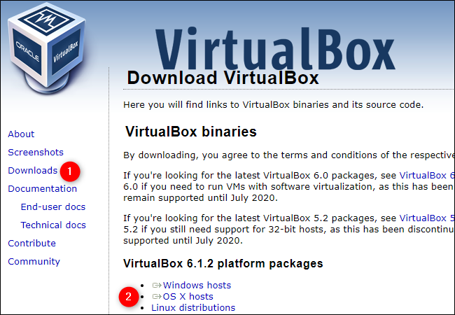 Clique em "Downloads" e "Hosts OS X" no site do VirtualBox.