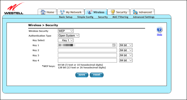 Página de administração do roteador Westell, mostrando as configurações de criptografia WEP.