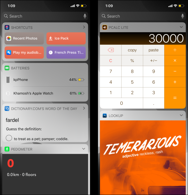 Telas de widgets no iPhone