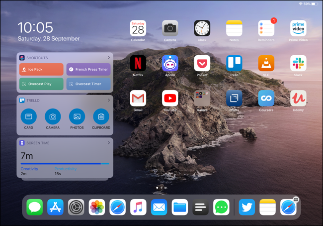 Widgets em uma tela inicial do iPad Pro em modo paisagem.