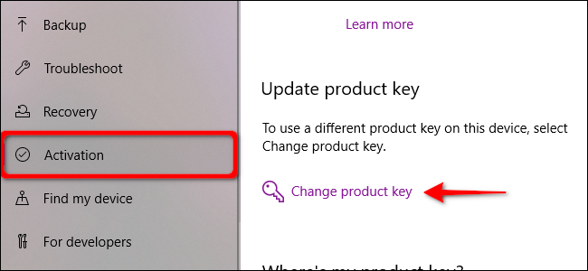 Chave de alteração de ativação do Windows 10