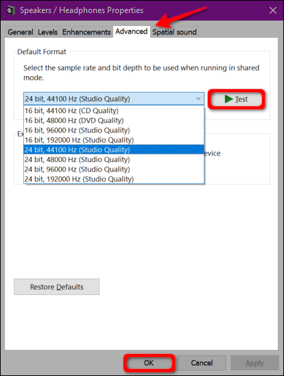 Alterar formato de áudio do Windows 10