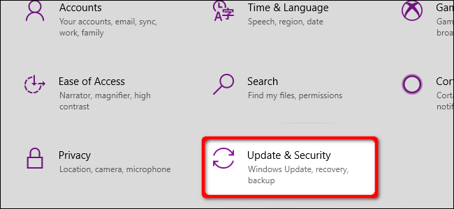 Windows 10 Selecione Atualização e Segurança