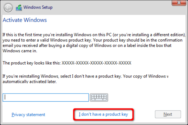 A instalação do Windows 10 não possui o link da chave do produto