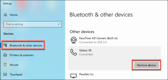 Clique em “Bluetooth e outros dispositivos” e, em seguida, clique em “Remover dispositivo”.