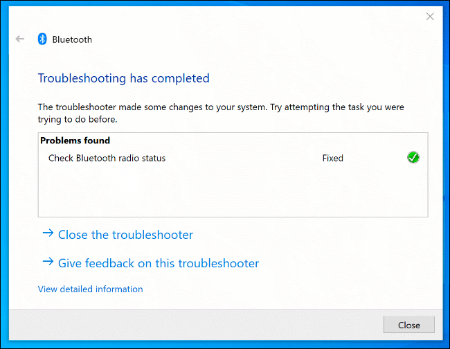 A ferramenta Windows Troubleshooter, com problemas identificados de Bluetooth detectados e corrigidos.