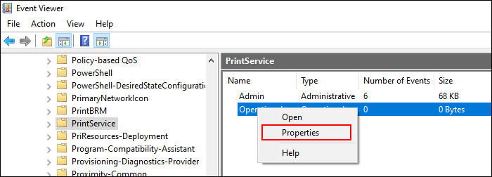 Na categoria PrintServices, clique com o botão direito na configuração Operacional e clique em Propriedades