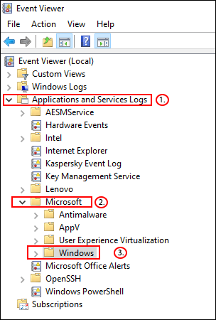 No Visualizador de eventos, clique em Logs de aplicativos e serviços> Microsoft> Windows.