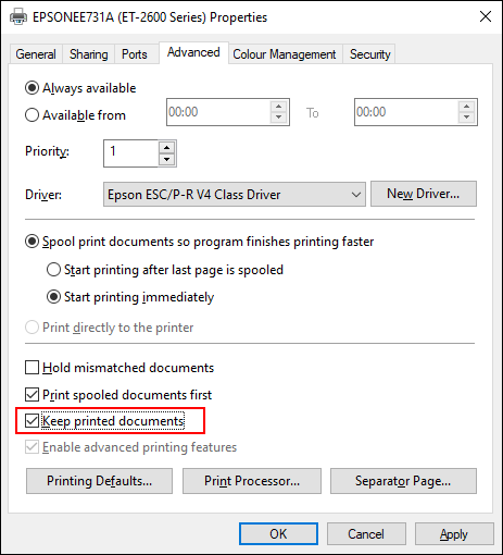 Clique na guia avançada nas configurações da impressora e ative a caixa de seleção para manter documentos impressos