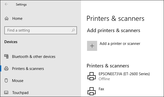 Acesse as configurações de impressora do Windows clicando com o botão direito do mouse no botão do menu Iniciar, clicando em Configurações e em Dispositivos> Impressoras e Scanners