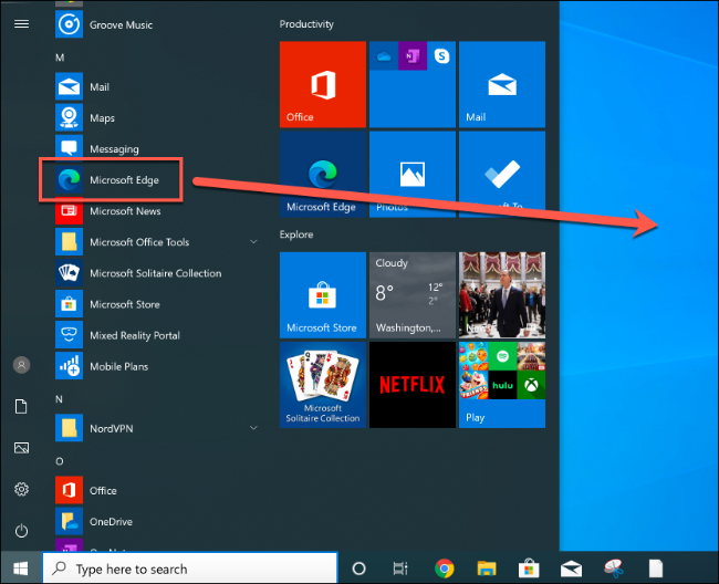 Arraste e solte a entrada do Menu Iniciar do Microsoft Edge na área de trabalho para criar um novo atalho