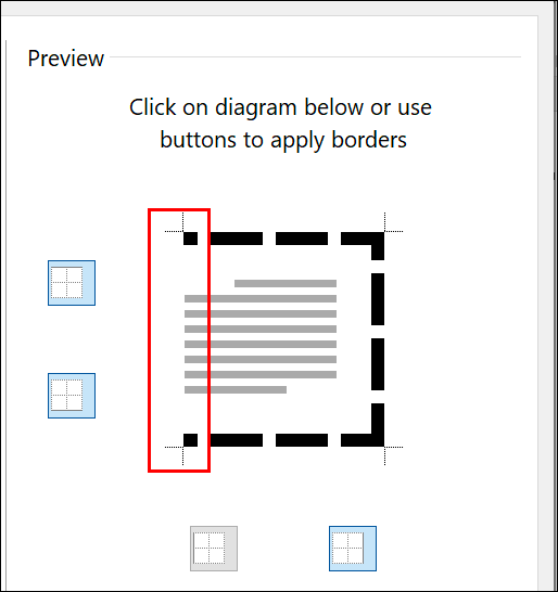 Nas configurações de borda de sua página do Microsoft Word, clique nas linhas de borda individuais nas seções de visualização para adicionar / remover cada linha