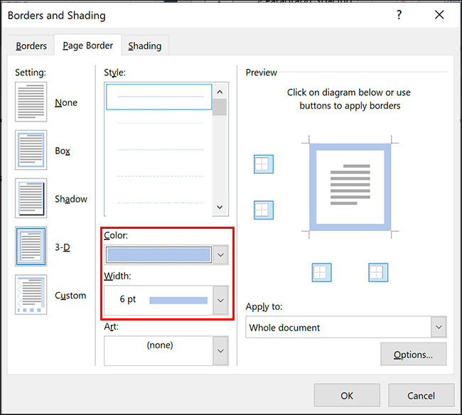 Para alterar a largura ou cor da borda no Microsoft Word, selecione as opções escolhidas nos menus suspensos Cor e Largura no menu de opções Borda da página