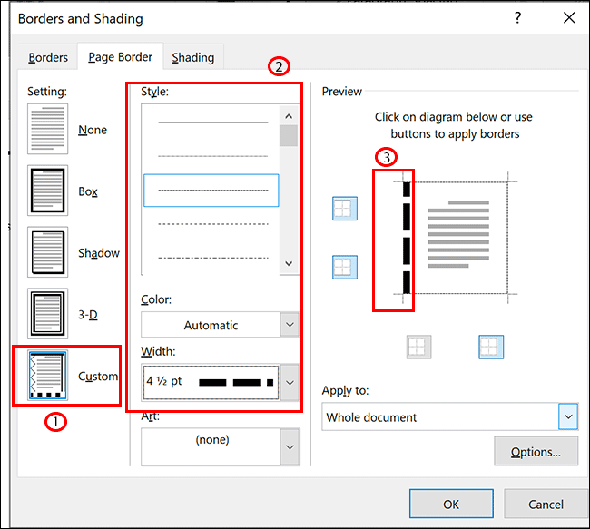 Nas opções de Borda da página do Microsoft Word, selecione Personalizado, selecione sua formatação e clique em uma das linhas de borda na seção Visualização para aplicá-la