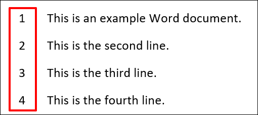Um exemplo de números de linha sendo usados ​​em um documento do Microsoft Word