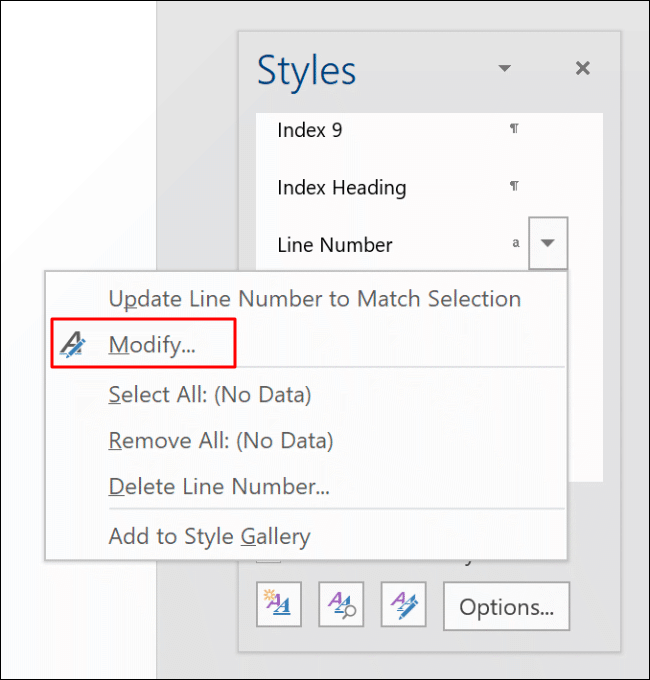 No menu pop-up Estilos do Word, selecione Números de linha, clique no menu de seta lateral e em Modificar