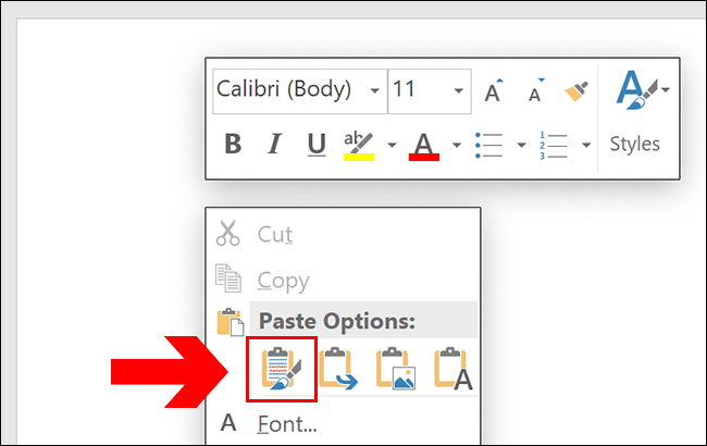 Para colar no Word, pressione Ctrl + V ou clique com o botão direito na sua página, clicando em uma das opções de colagem.