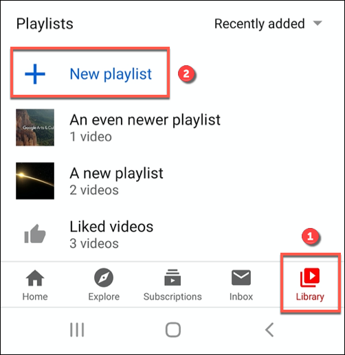 Toque em Nova lista de reprodução na seção Biblioteca do aplicativo do YouTube para criar uma nova lista de reprodução