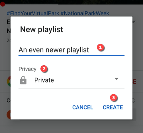 Forneça um nome e nível de privacidade para sua lista de reprodução e toque em Criar para criá-la