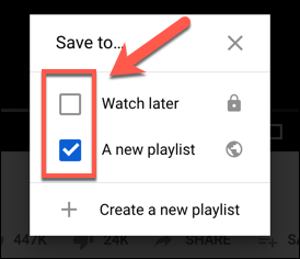 Toque na caixa de seleção ao lado de uma lista de reprodução na caixa de opções Salvar em no YouTube para adicioná-la ou removê-la de uma lista de reprodução