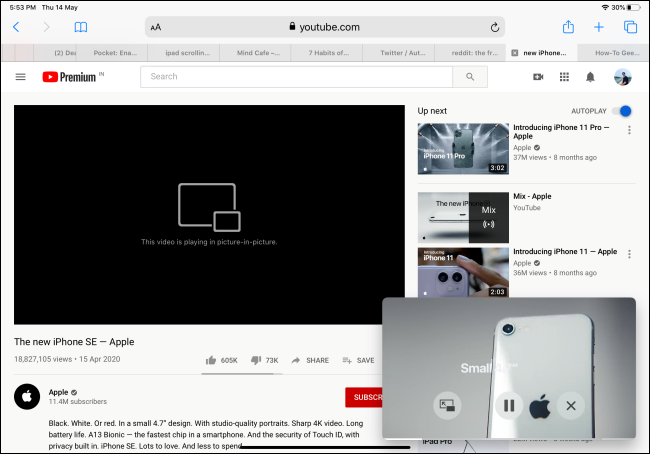 Vídeo do YouTube sendo reproduzido no modo Picture-in-Picture