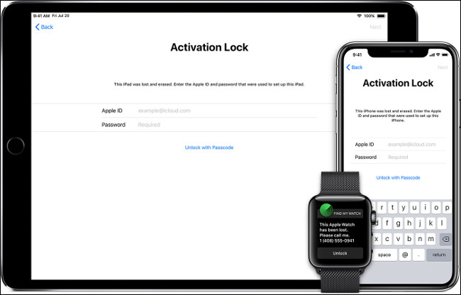 A tela de bloqueio de ativação em um iPhone, iPad e Apple Watch.