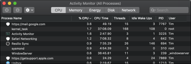 O monitor de atividades do macOS.