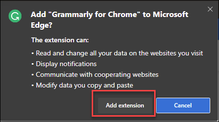 Adicionar diálogo de confirmação de extensão com caixa ao redor do botão Adicionar extensão.