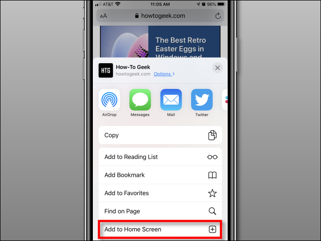 Toque em Adicionar à tela inicial no Safari no iPhone
