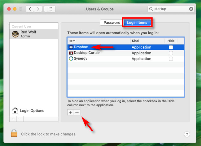 Em "Itens de login", selecione "Dropbox" na lista e clique no botão "menos" no Mac.