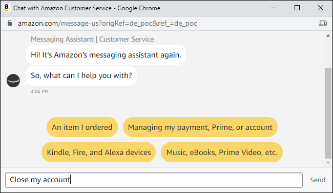 Pedir ao atendimento ao cliente da Amazon para fechar uma conta.