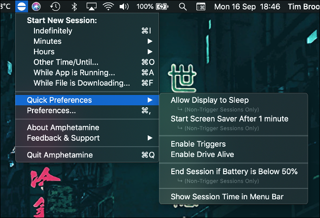 O menu "Preferências rápidas" no Amphetamine for Mac.