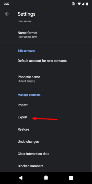 Configurações de contato Android