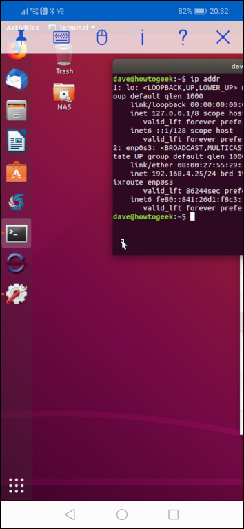 realVNC em um telefone Android, conectado a um computador Ubuntu remoto.