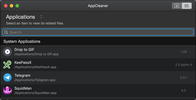 Uma lista de aplicativos no AppCleaner em um Mac.