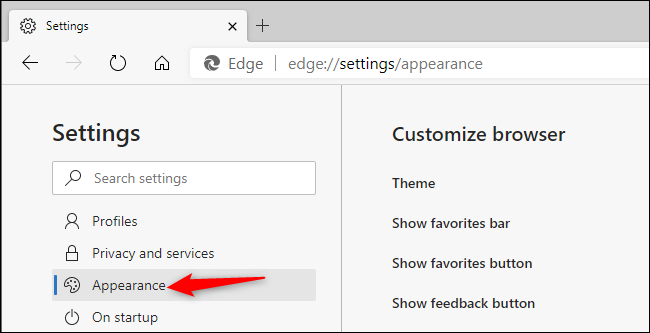Encontrando as novas opções de aparência do Microsoft Edge.