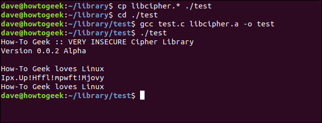 cp libcipher. * ./test em uma janela de terminal