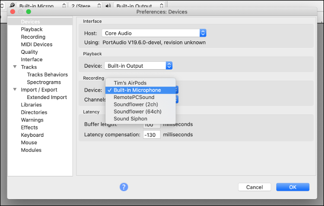 Preferências de dispositivos de gravação separados do Audacity