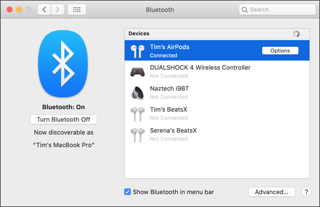 A lista "Dispositivos" no menu "Bluetooth".