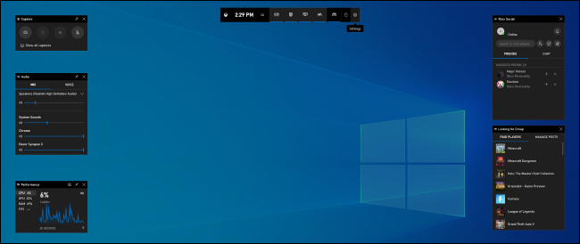 A sobreposição da barra de jogos no Windows 10.