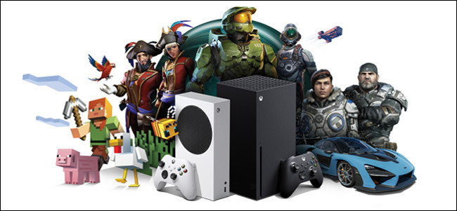 Consoles Xbox rodeados por personagens de jogos Xbox.