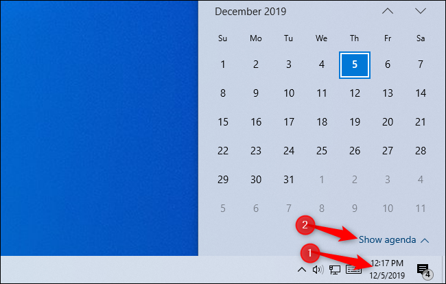 Mostrando a agenda no pop-up do relógio do Windows 10.