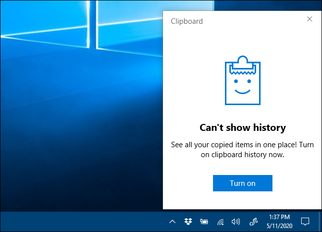 Não é possível mostrar a mensagem do histórico da área de transferência no Windows 10