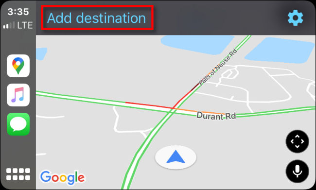 Toque em "Adicionar destino" no Google Maps para CarPlay no iPhone.