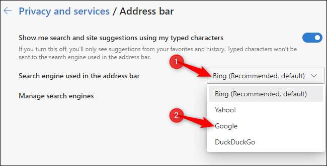 Escolhendo um mecanismo de pesquisa de barra de endereço padrão no novo navegador Microsoft Edge baseado em Chromium.