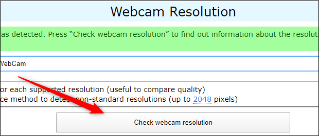 Clique em "Verificar resolução da webcam" em webcamtests.com.