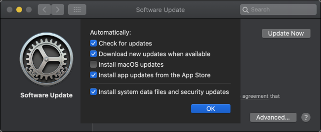 O painel de atualizações de software do macOS.